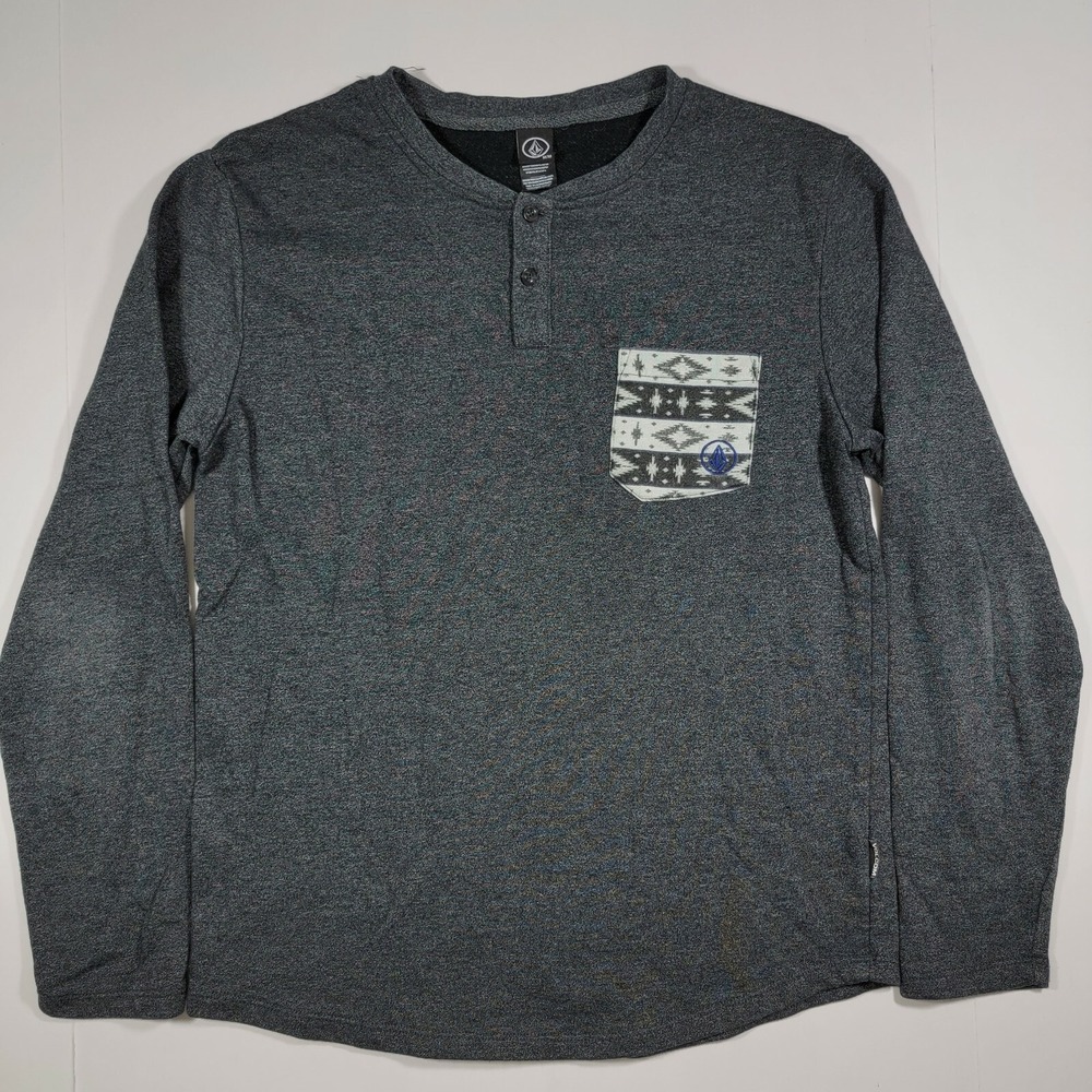 Volcom Thin Long Sleeve Henley Sweater‎ - Grey - Tribal Chest Pocket - Medium